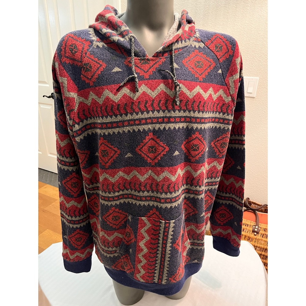 Carbon Fleece Hoodie Mens XXL Blue Red Southwestern Aztec Geometric Pullover EX